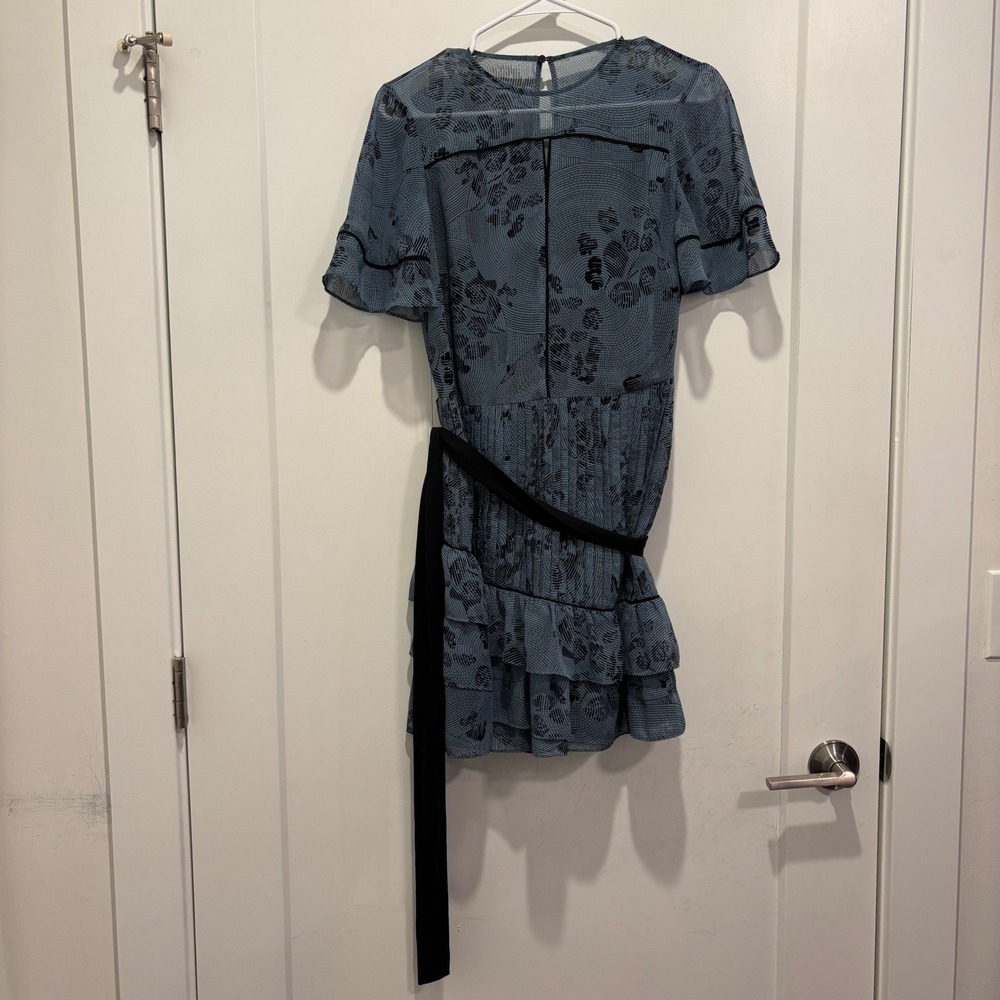 Reiss Blue Black Abstract Floral Ruffle Mini Dress Sash Belt Size 4